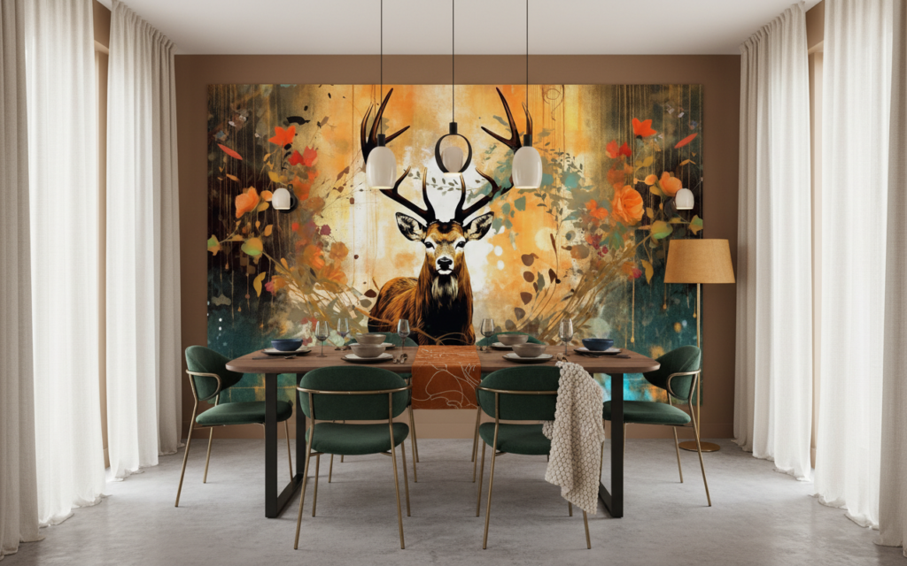 Papier Peint Cerf Majestueux avec Bois Automnal et Éclaboussures Artistiques - Salle à manger