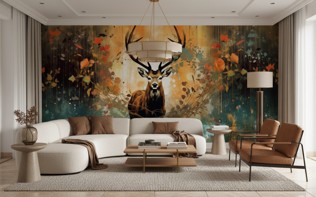 Papier Peint Cerf Majestueux avec Bois Automnal et Éclaboussures Artistiques - Salon / Séjour
