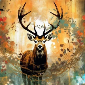 Papier Peint Cerf Majestueux avec Bois Automnal et Éclaboussures Artistiques