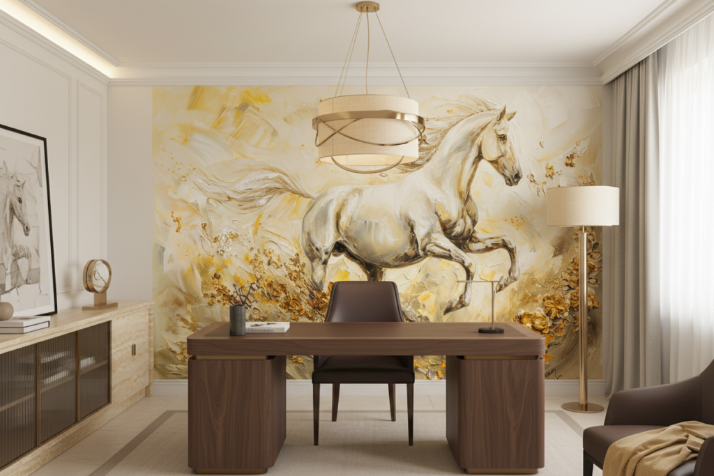 Papier Peint Cheval Blanc Doré Mouvement Artistique Luxueux - Bureau