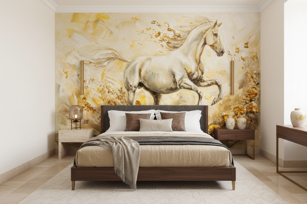 Papier Peint Cheval Blanc Doré Mouvement Artistique Luxueux - Chambre adulte