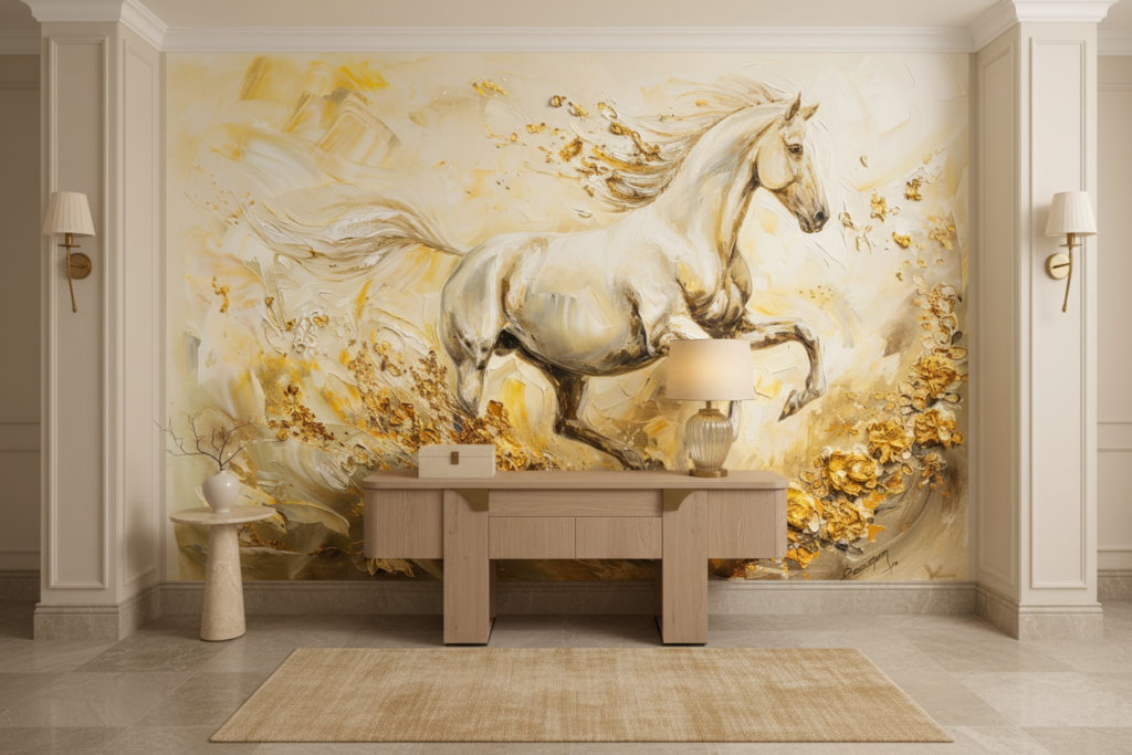 Papier Peint Cheval Blanc Doré Mouvement Artistique Luxueux - Entrée