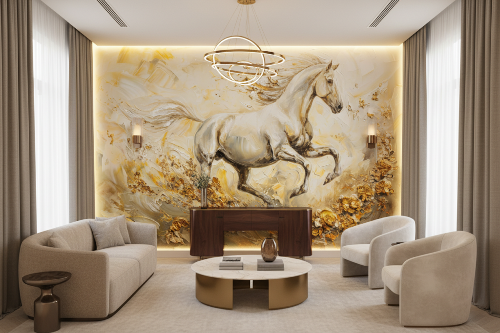 Papier Peint Cheval Blanc Doré Mouvement Artistique Luxueux - Hôtel