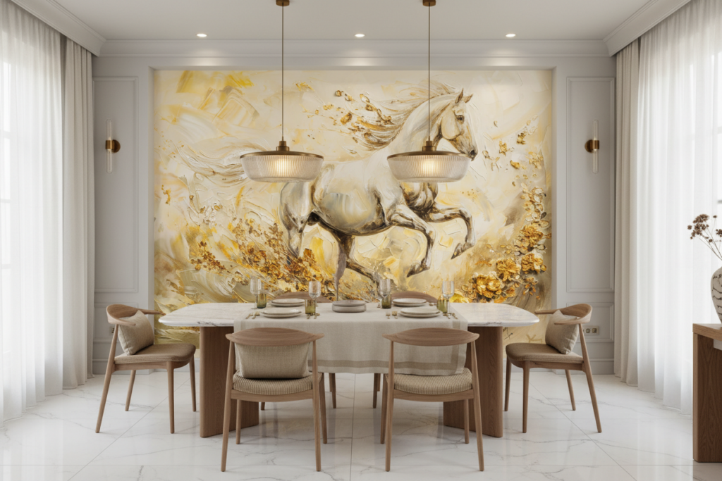 Papier Peint Cheval Blanc Doré Mouvement Artistique Luxueux - Salle à manger