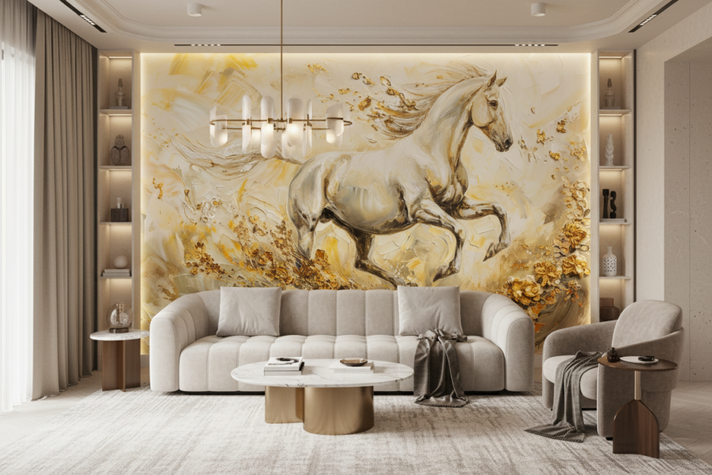 Papier Peint Cheval Blanc Doré Mouvement Artistique Luxueux - Salon / Séjour