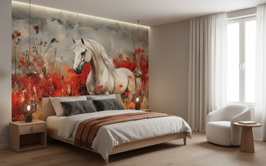 Papier peint cheval blanc élégant dans prairie fleurie rouge - Chambre adulte