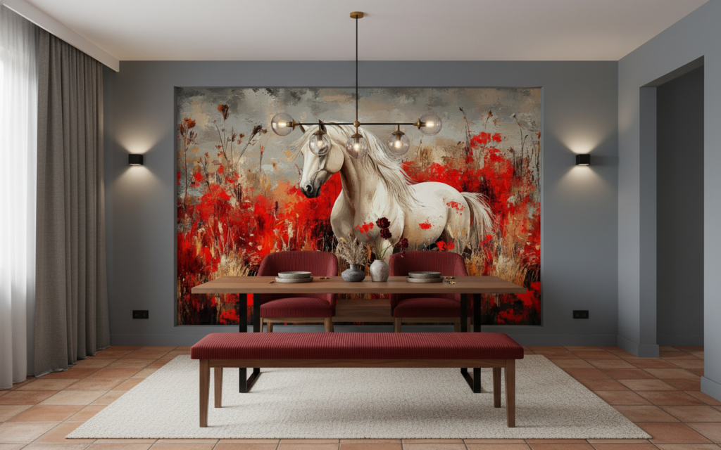 Papier peint cheval blanc élégant dans prairie fleurie rouge - Salle à manger