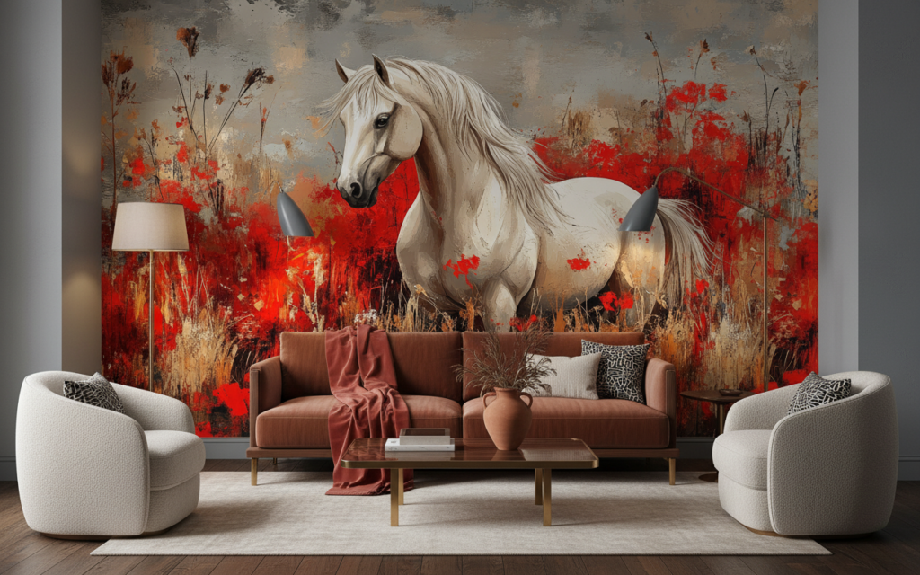 Papier peint cheval blanc élégant dans prairie fleurie rouge - Salon / Séjour
