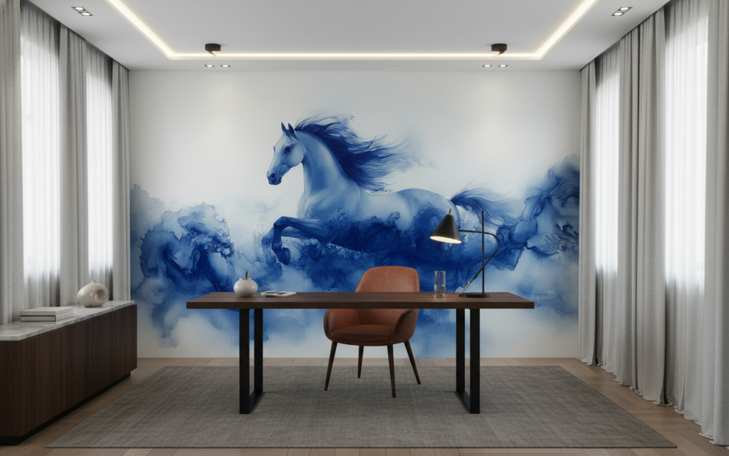 Papier Peint Cheval Bleu Abstrait Style Aquarelle Artistique - Bureau