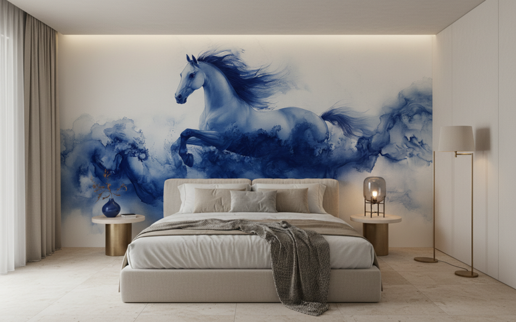 Papier Peint Cheval Bleu Abstrait Style Aquarelle Artistique - Chambre adulte