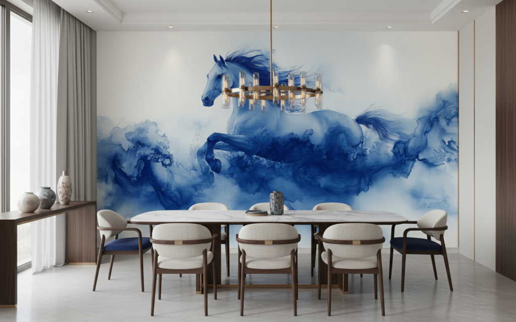 Papier Peint Cheval Bleu Abstrait Style Aquarelle Artistique - Salle à manger