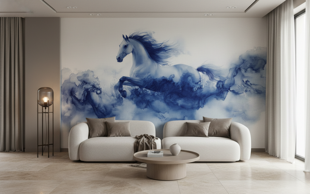 Papier Peint Cheval Bleu Abstrait Style Aquarelle Artistique - Salon / Séjour