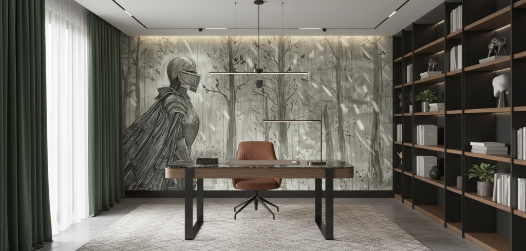 Papier Peint Chevalier Médiéval Forêt Enchantée Monochrome Aventure - Bureau