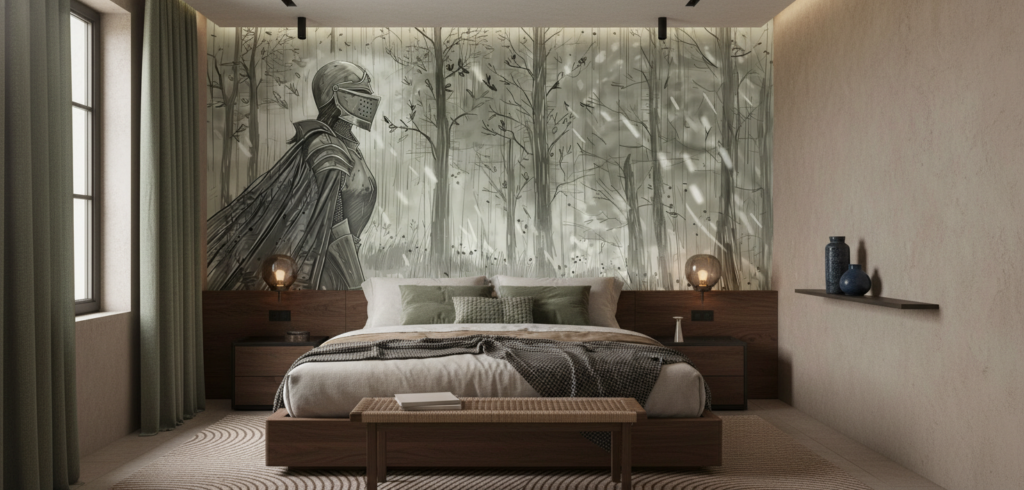 Papier Peint Chevalier Médiéval Forêt Enchantée Monochrome Aventure - Chambre adulte