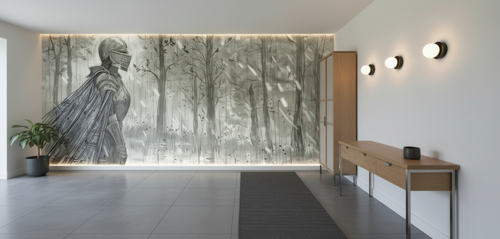 Papier Peint Chevalier Médiéval Forêt Enchantée Monochrome Aventure - Couloir