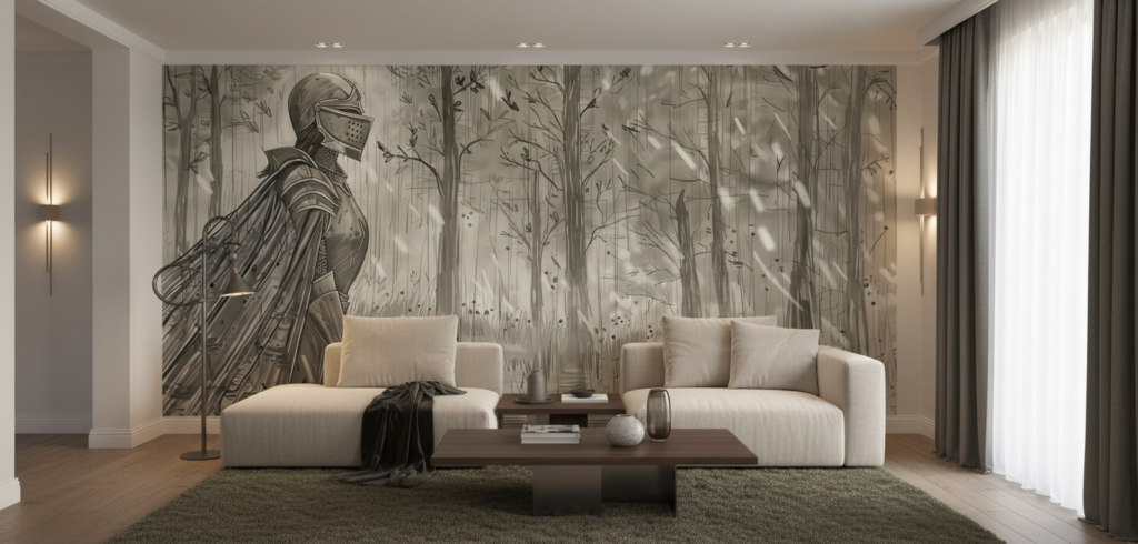 Papier Peint Chevalier Médiéval Forêt Enchantée Monochrome Aventure - Salon / Séjour