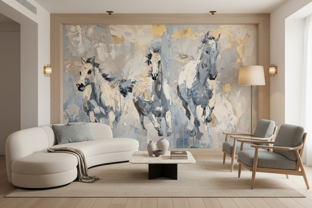 Papier peint chevaux artistiques style peinture à l'huile contemporaine - Salon / Séjour