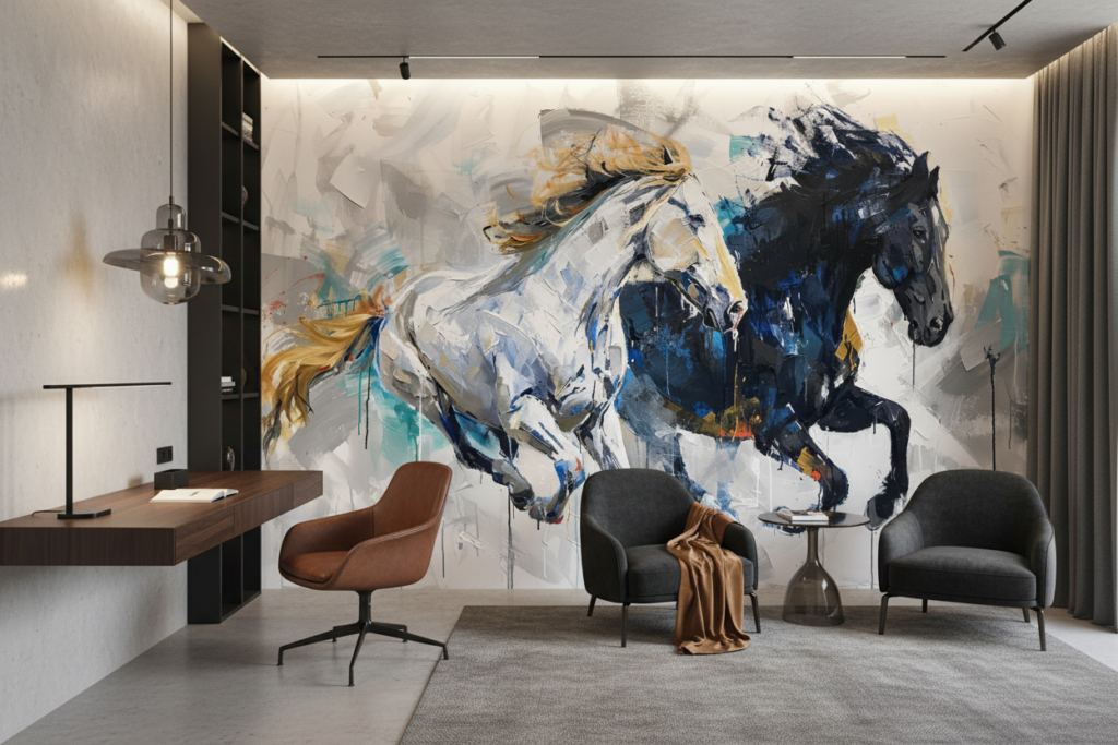 Papier Peint Chevaux Sauvages en Mouvement Style Abstrait Contemporain - Bureau