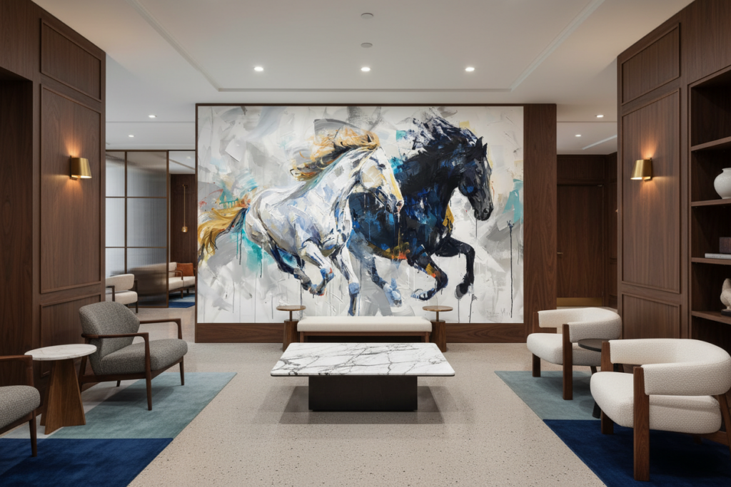 Papier Peint Chevaux Sauvages en Mouvement Style Abstrait Contemporain - Hôtel