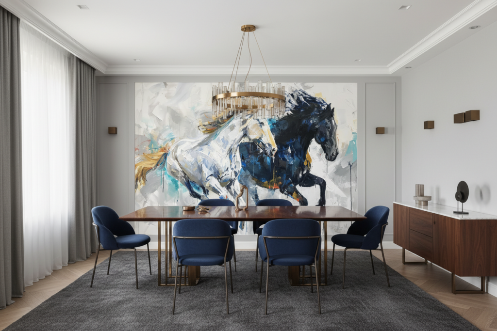 Papier Peint Chevaux Sauvages en Mouvement Style Abstrait Contemporain - Salle à manger