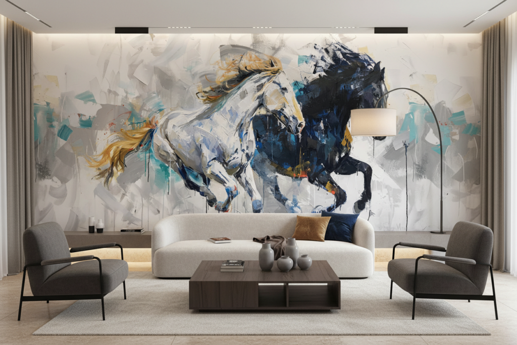 Papier Peint Chevaux Sauvages en Mouvement Style Abstrait Contemporain - Salon / Séjour