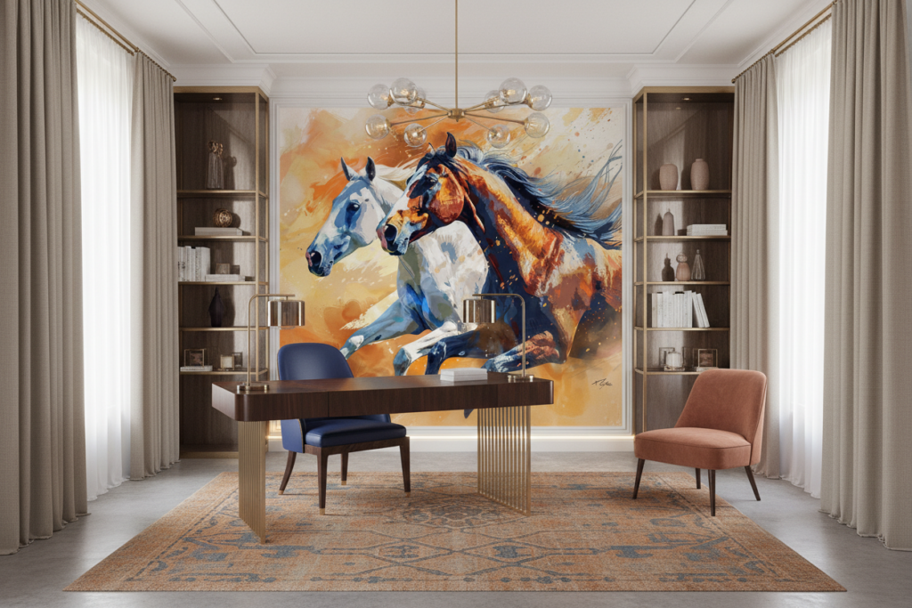 Papier Peint Chevaux Sauvages en Mouvement Style Artistique Aquarelle - Bureau