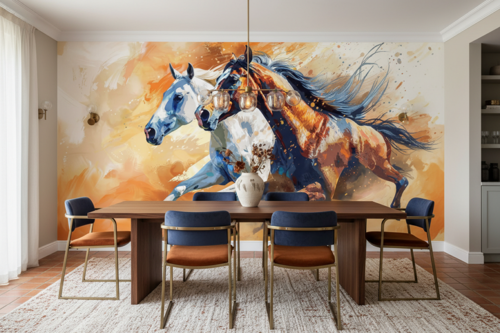 Papier Peint Chevaux Sauvages en Mouvement Style Artistique Aquarelle - Salle à manger