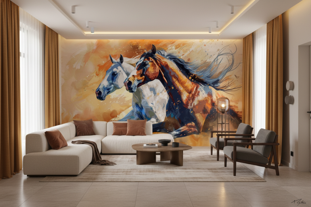 Papier Peint Chevaux Sauvages en Mouvement Style Artistique Aquarelle - Salon / Séjour