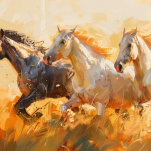 Chevaux sauvages en course dans paysage doré expressionniste