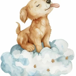 Papier Peint Chiot Adorable sur Nuages Étoilés Aquarelle Enfant