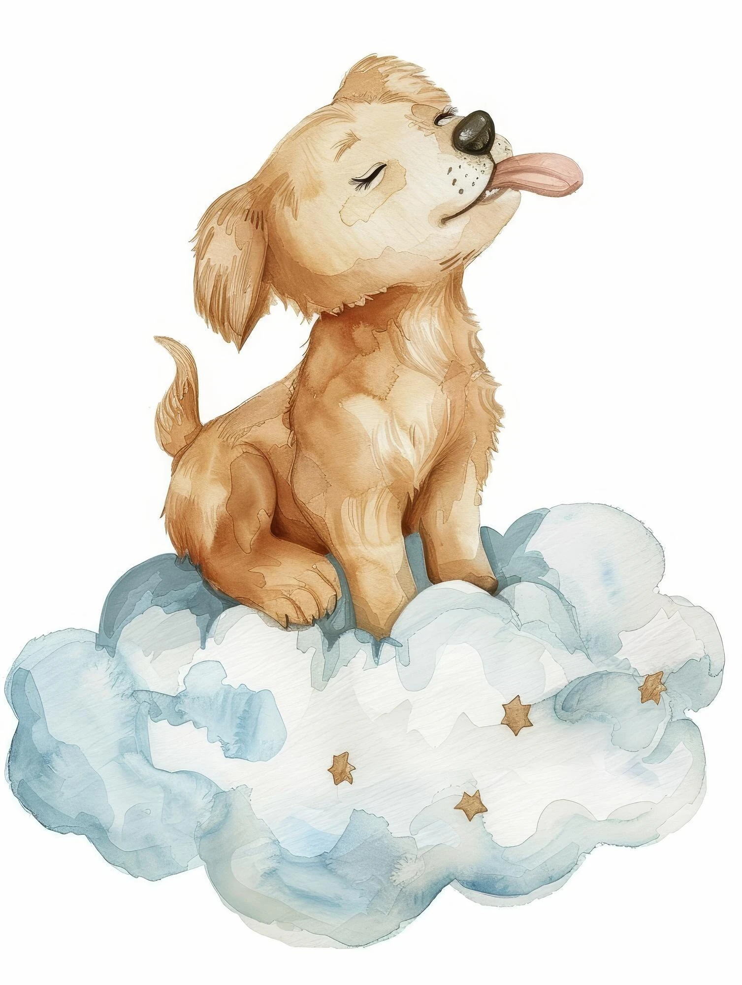 Papier Peint Chiot Adorable sur Nuages Étoilés Aquarelle Enfant