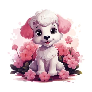 Papier peint chiot mignon avec fleurs roses style kawaii enfant