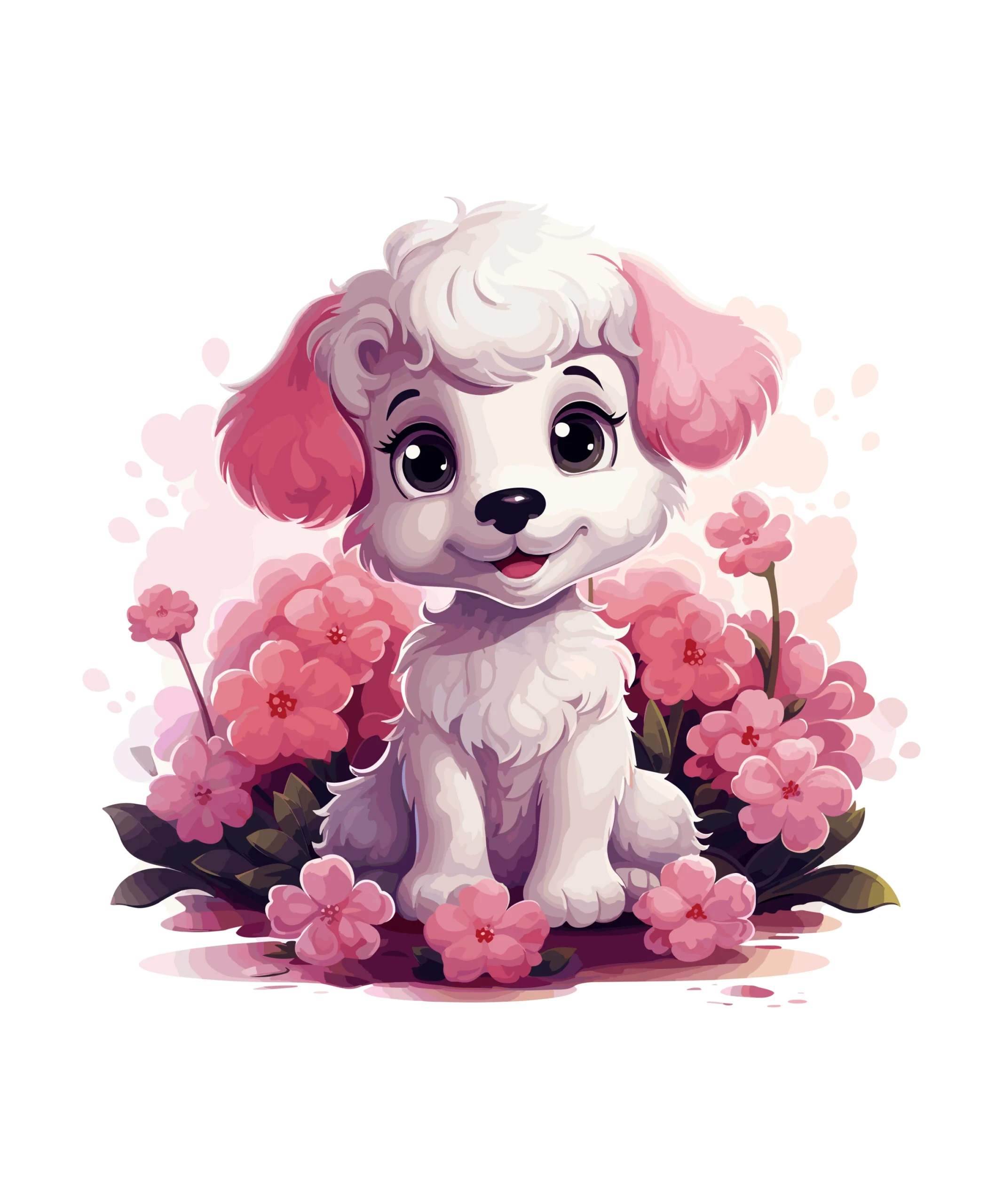 Papier peint chiot mignon avec fleurs roses style kawaii enfant