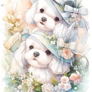 Papier Peint Chiots Maltais Aquarelle Fleurs Pastels Décoratif Enfant