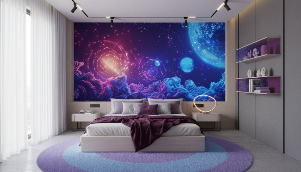 Papier Peint Cosmique Abstrait Galaxie Bleue et Violette Surréaliste - Chambre ado