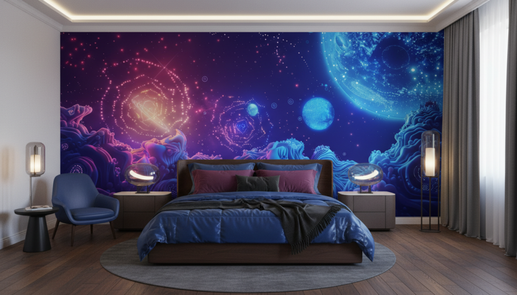 Papier Peint Cosmique Abstrait Galaxie Bleue et Violette Surréaliste - Chambre adulte