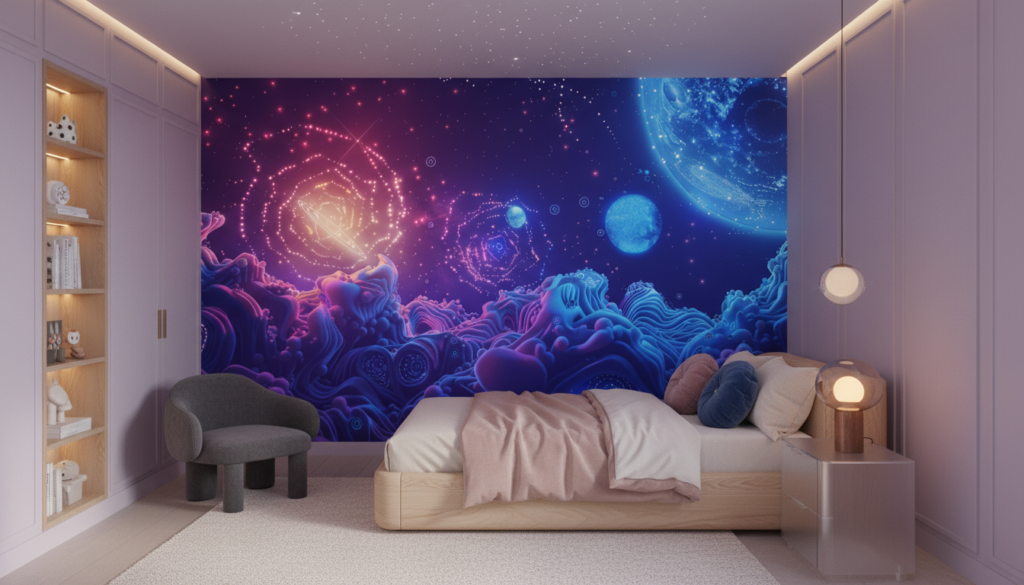 Papier Peint Cosmique Abstrait Galaxie Bleue et Violette Surréaliste - Chambre enfant