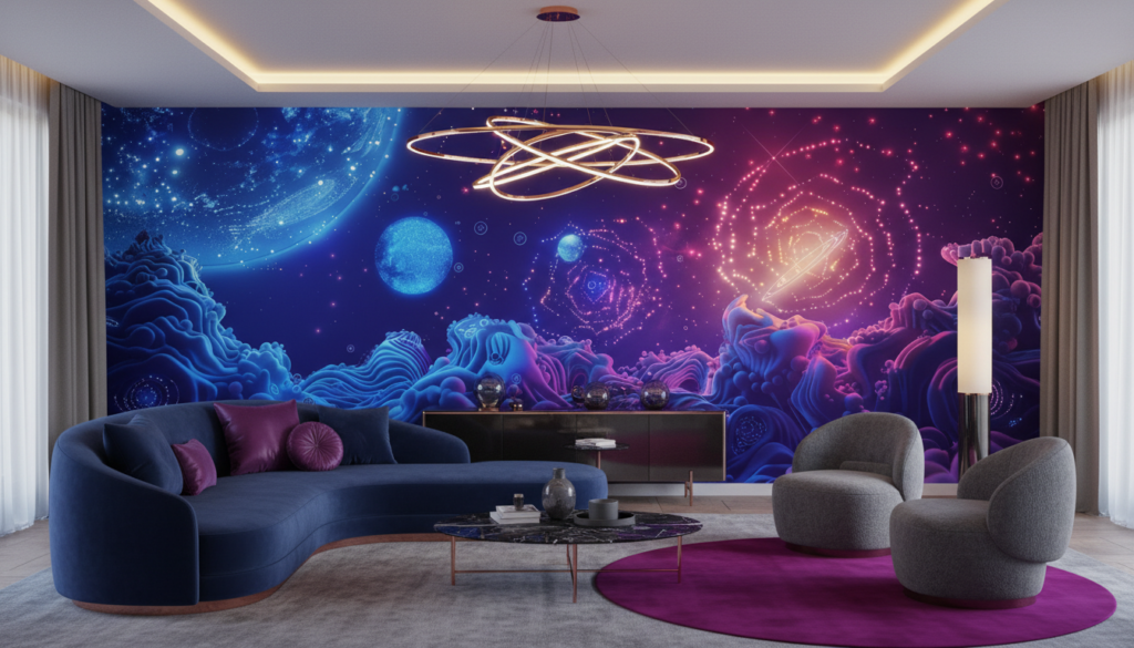 Papier Peint Cosmique Abstrait Galaxie Bleue et Violette Surréaliste - Salon / Séjour