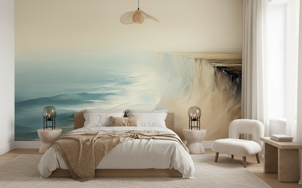 Papier peint côte sauvage aux falaises dorées et mer turquoise - Chambre adulte