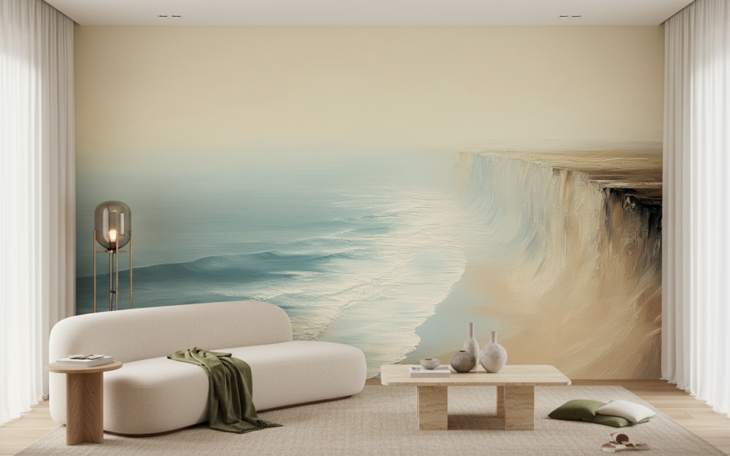 Papier peint côte sauvage aux falaises dorées et mer turquoise - Salon / Séjour