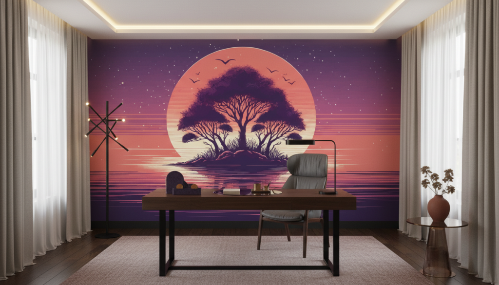 Papier Peint Coucher de Soleil Rétro avec Baobab et Reflets Aquatiques - Bureau