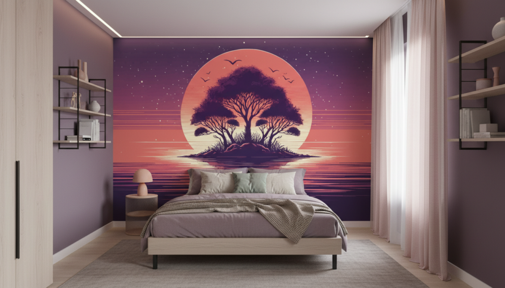 Papier Peint Coucher de Soleil Rétro avec Baobab et Reflets Aquatiques - Chambre ado