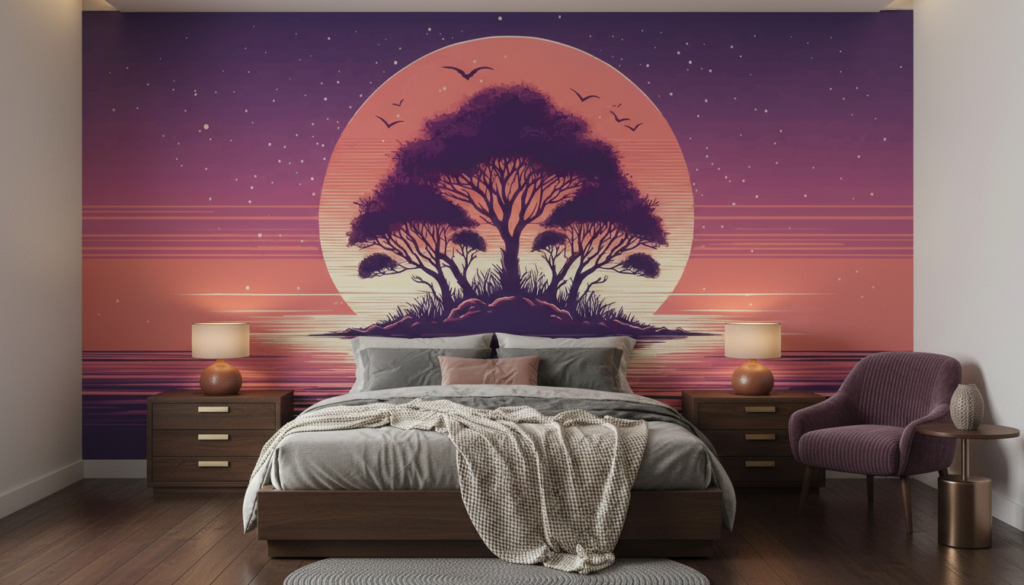 Papier Peint Coucher de Soleil Rétro avec Baobab et Reflets Aquatiques - Chambre adulte