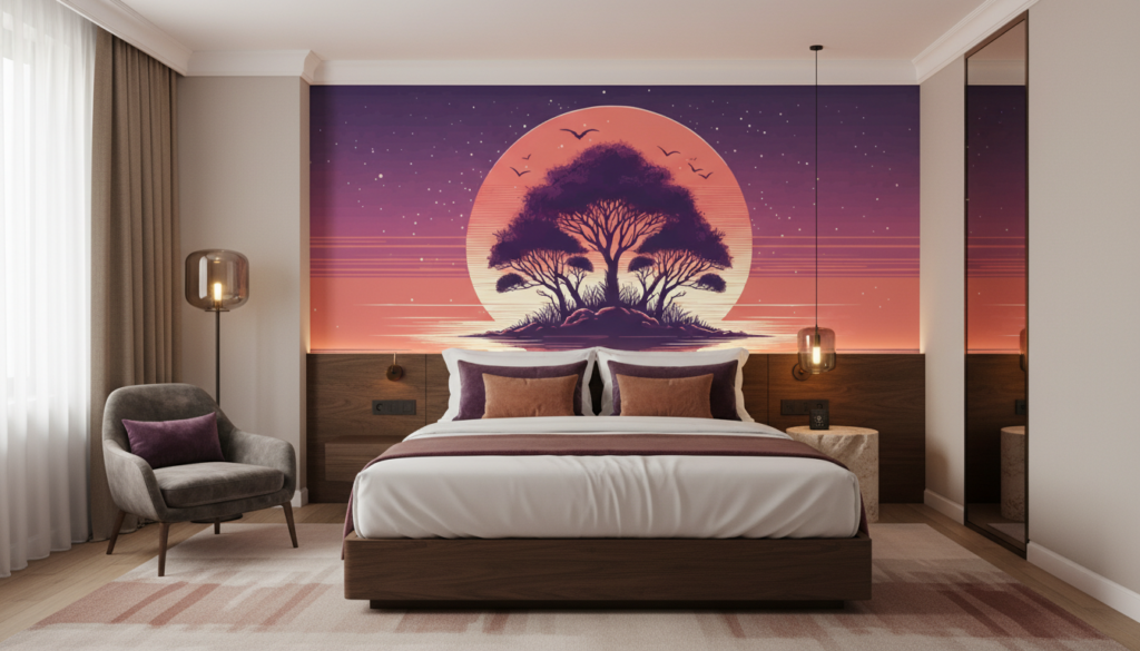 Papier Peint Coucher de Soleil Rétro avec Baobab et Reflets Aquatiques - Hôtel