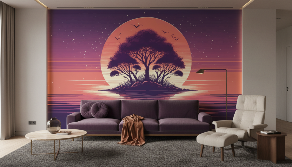 Papier Peint Coucher de Soleil Rétro avec Baobab et Reflets Aquatiques - Salon / Séjour