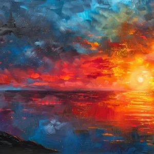 Silhouette contemplant un coucher de soleil cosmique aux reflets flamboyants