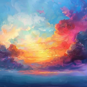 Coucher de soleil vibrant dans nuages colorés style impressionniste