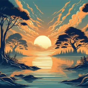 Coucher de soleil sur lac paisible entre arbres silhouettés