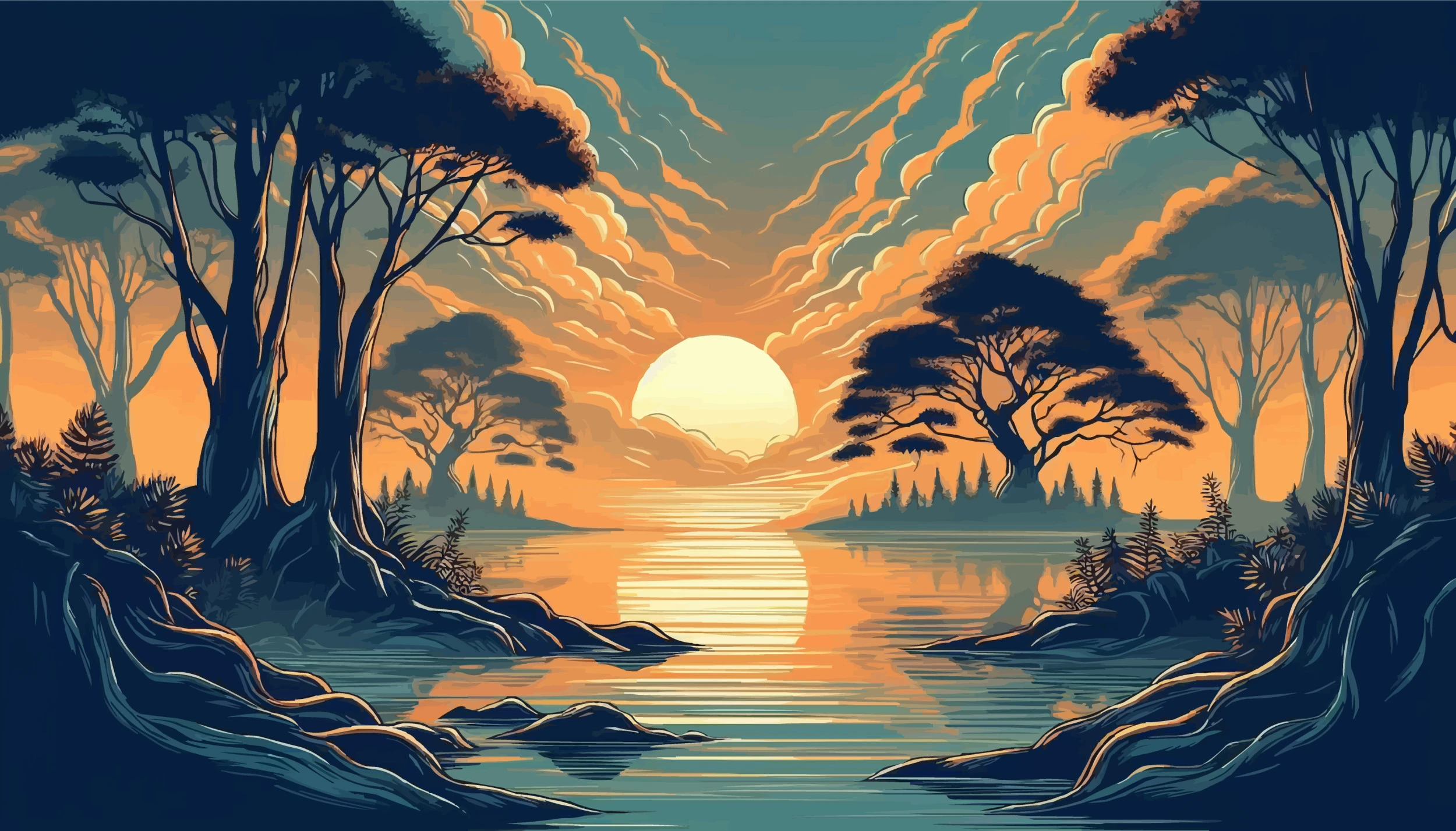 Coucher de soleil sur lac paisible entre arbres silhouettés