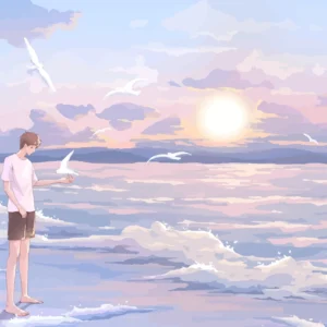 Papier Peint Jeune Homme Contemplant Coucher Soleil Océan Oiseaux